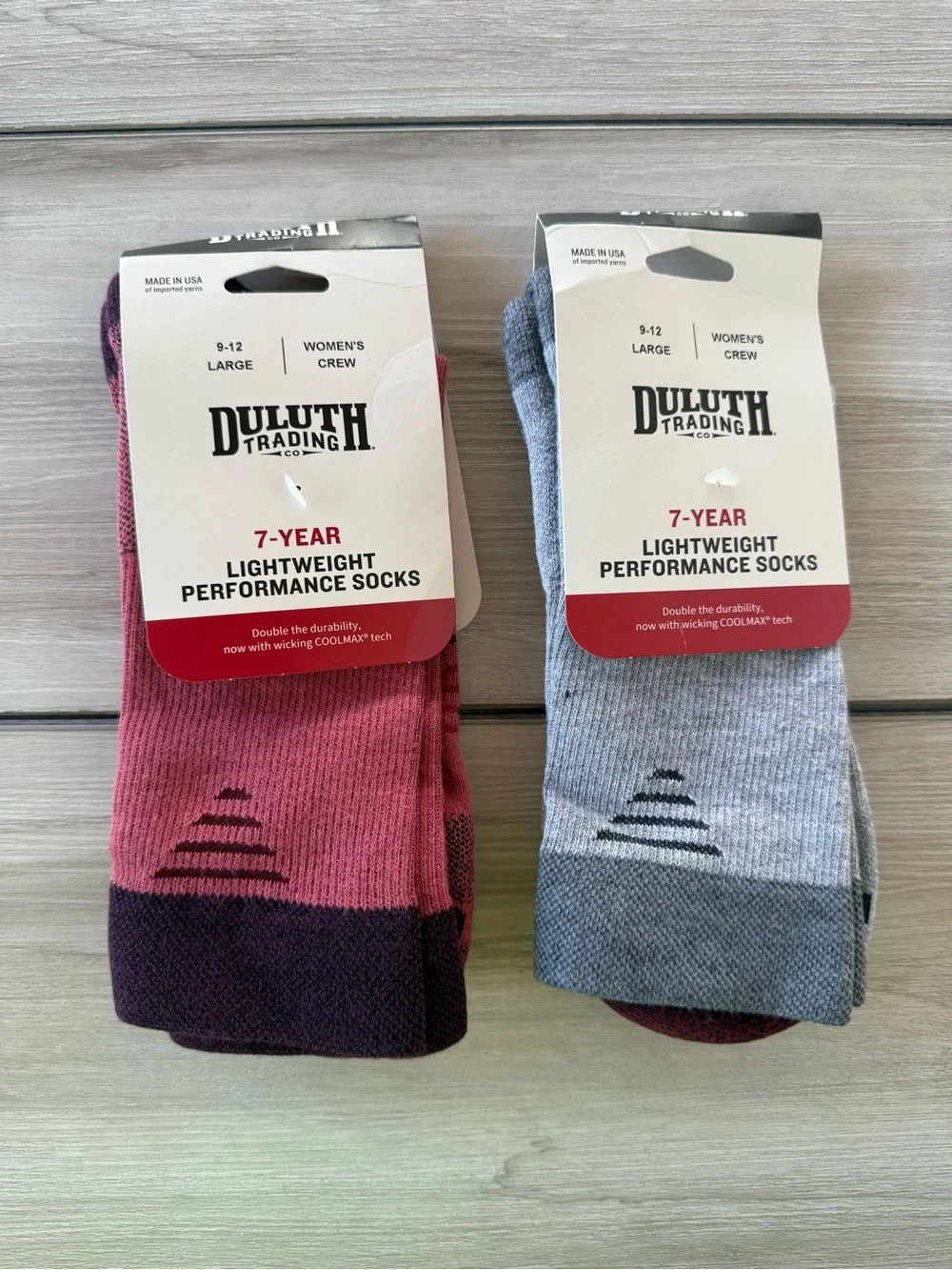 Duluth 7-Year Lightweight Performance Crew Socks 2 pair Grey/Maroon Large NWT